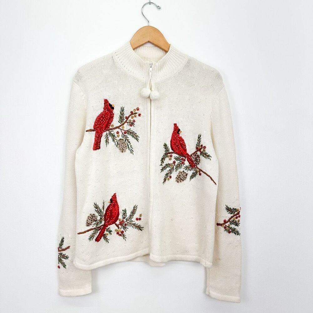Tiara International Christmas Collection Beaded Embroidered Cream Cardinal Pinec